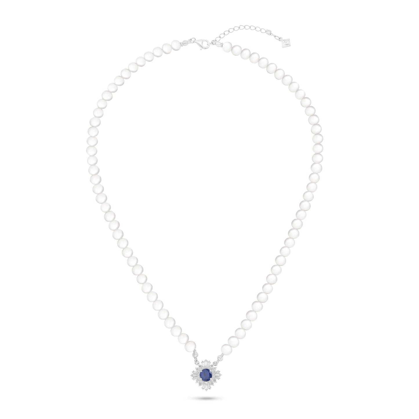 Sterling Silver 925 Necklace Rhodium Plated Embedded With Natural White Pearl, Sapphire Corundum And White Zircon