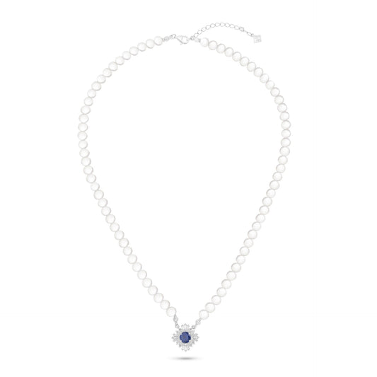 Sterling Silver 925 Necklace Rhodium Plated Embedded With Natural White Pearl, Sapphire Corundum And White Zircon