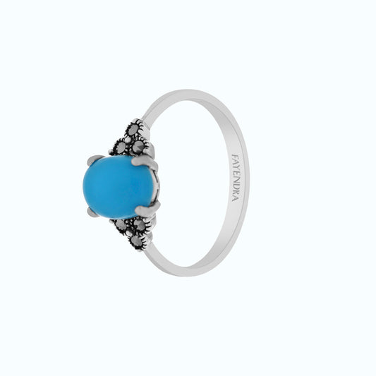 Sterling Silver 925 Ring Embedded With Natural Processed Turquoise And Marcasite Stones