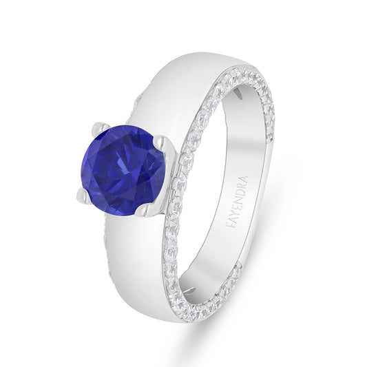 Sterling Silver 925 Ring Rhodium Plated Embedded With Sapphire Corundum And White Zircon