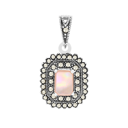 Sterling Silver 925 Pendant Embedded With Natural Pink Shell And Marcasite Stones