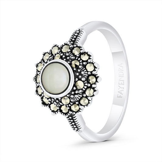 Sterling Silver 925 Ring Embedded With Natural White Shell And Marcasite Stones