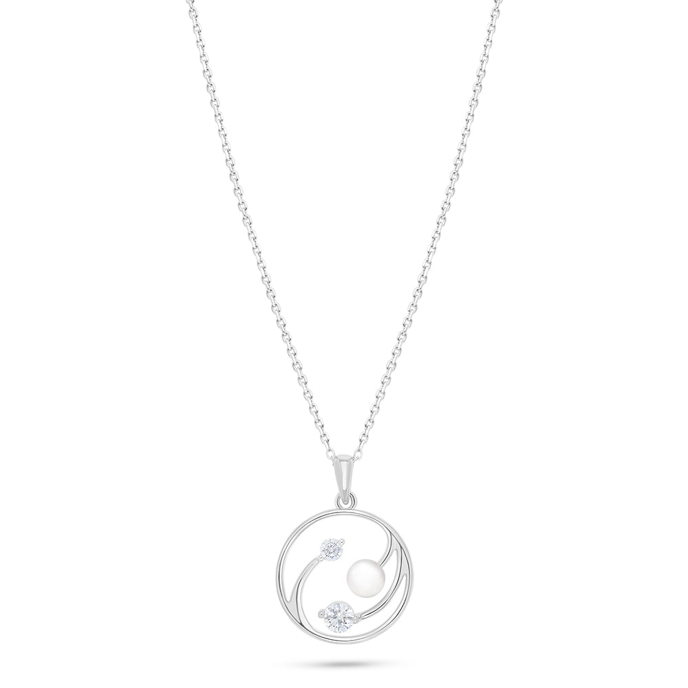 Sterling Silver 925 Necklace Rhodium Plated Embedded With Natural White Pearl And White Zircon