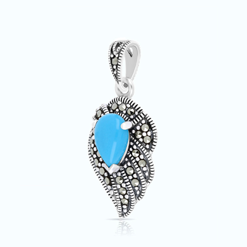 Sterling Silver 925 Pendant Embedded With Natural Processed Turquoise And Marcasite Stones