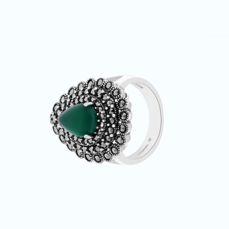 Sterling Silver 925 Ring Embedded With Natural Green Agate And Marcasite Stones