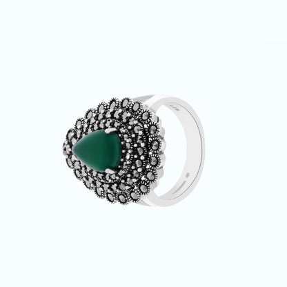 Sterling Silver 925 Ring Embedded With Natural Green Agate And Marcasite Stones
