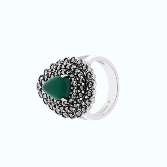 Sterling Silver 925 Ring Embedded With Natural Green Agate And Marcasite Stones