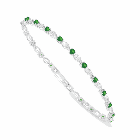 Sterling Silver 925 Bracelet Rhodium Plated Embedded With Emerald Zircon And White Zircon