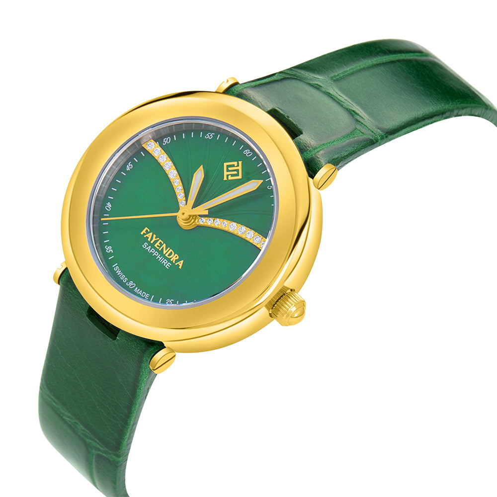 Stainless Steel 316L Watch Golden Color Green Leather And White Zircon - GREEN METAL DIAL