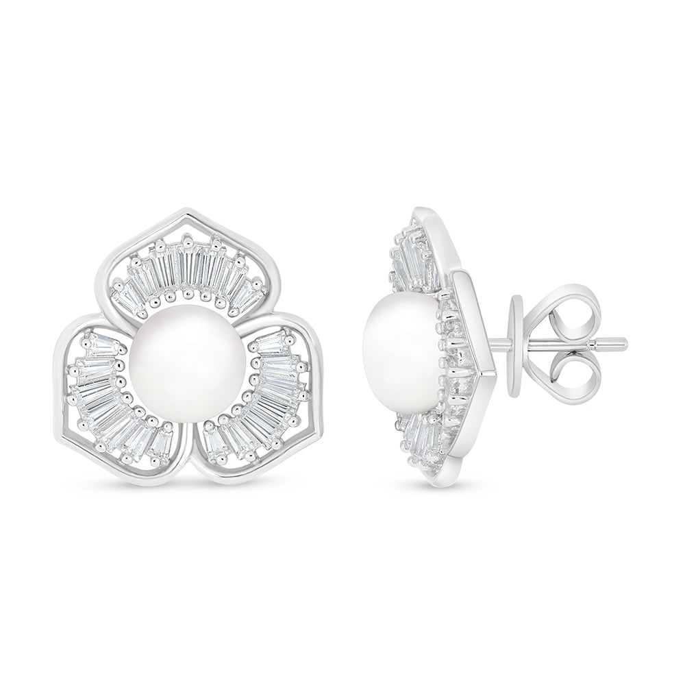 Sterling Silver 925 Earring Rhodium Plated Embedded With Natural White Pearl And White Zircon