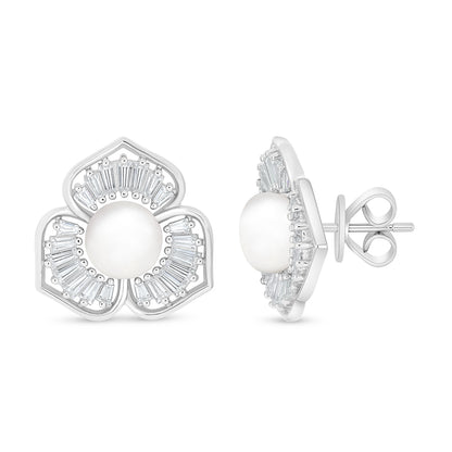 Sterling Silver 925 Earring Rhodium Plated Embedded With Natural White Pearl And White Zircon