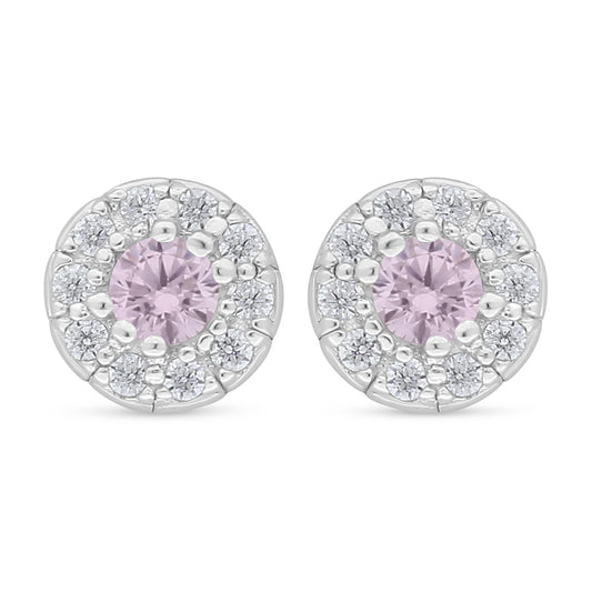 Sterling Silver 925 Earring Rhodium Plated Embedded With Pink Zircon And White Zircon