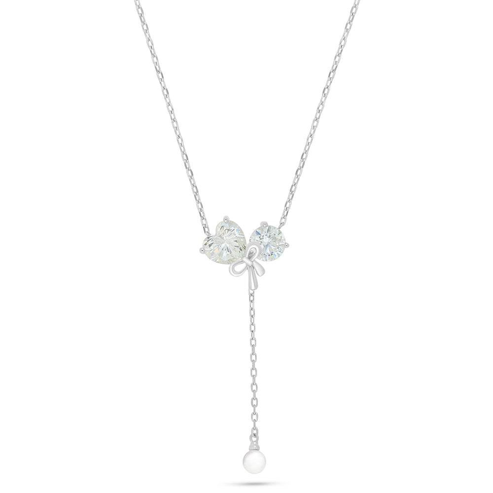 Sterling Silver 925 Necklace Rhodium Plated Embedded With Natural White Pearl And Diamond Zircon And White Zircon
