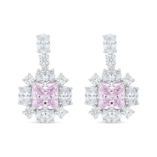 Sterling Silver 925 Earring Rhodium Plated Embedded With Pink Zircon And White Zircon