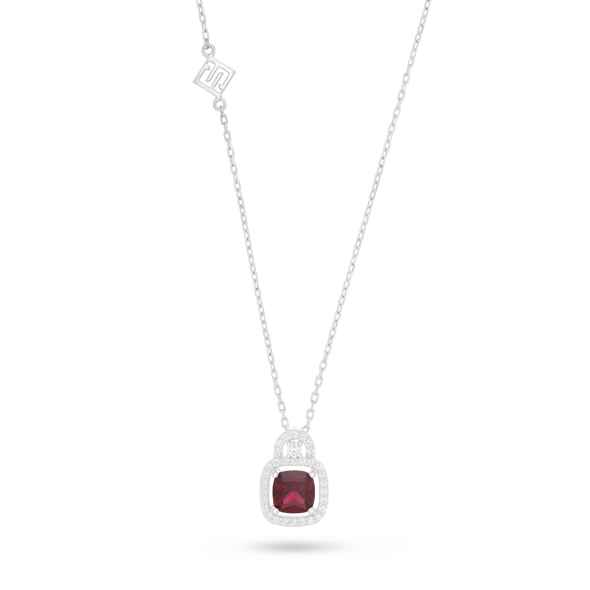 Sterling Silver 925 Necklace Rhodium Plated Embedded With Ruby Corundum And White Zircon