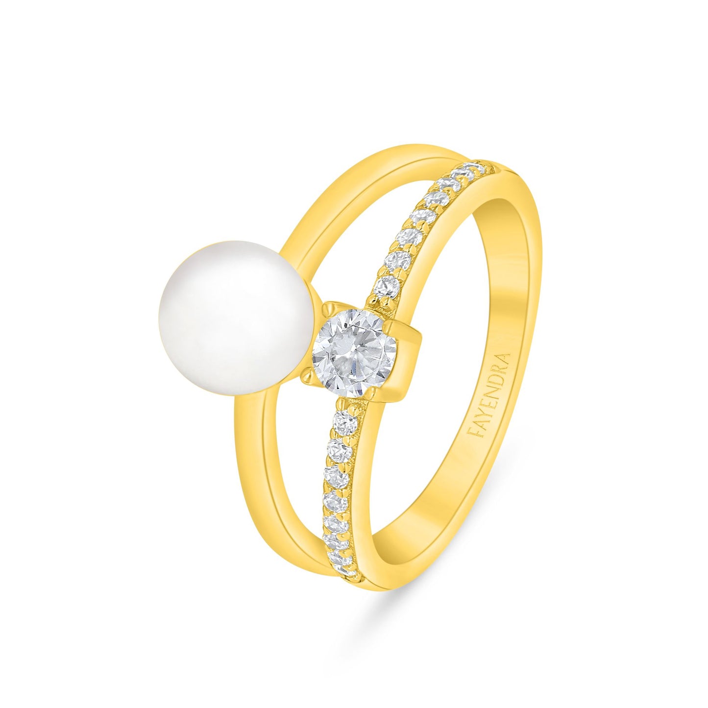 خاتم من الفضة الخالصة عيار 925 مطلي ذهبي مرصع لولو ابيض طبيعي و فص ابيض