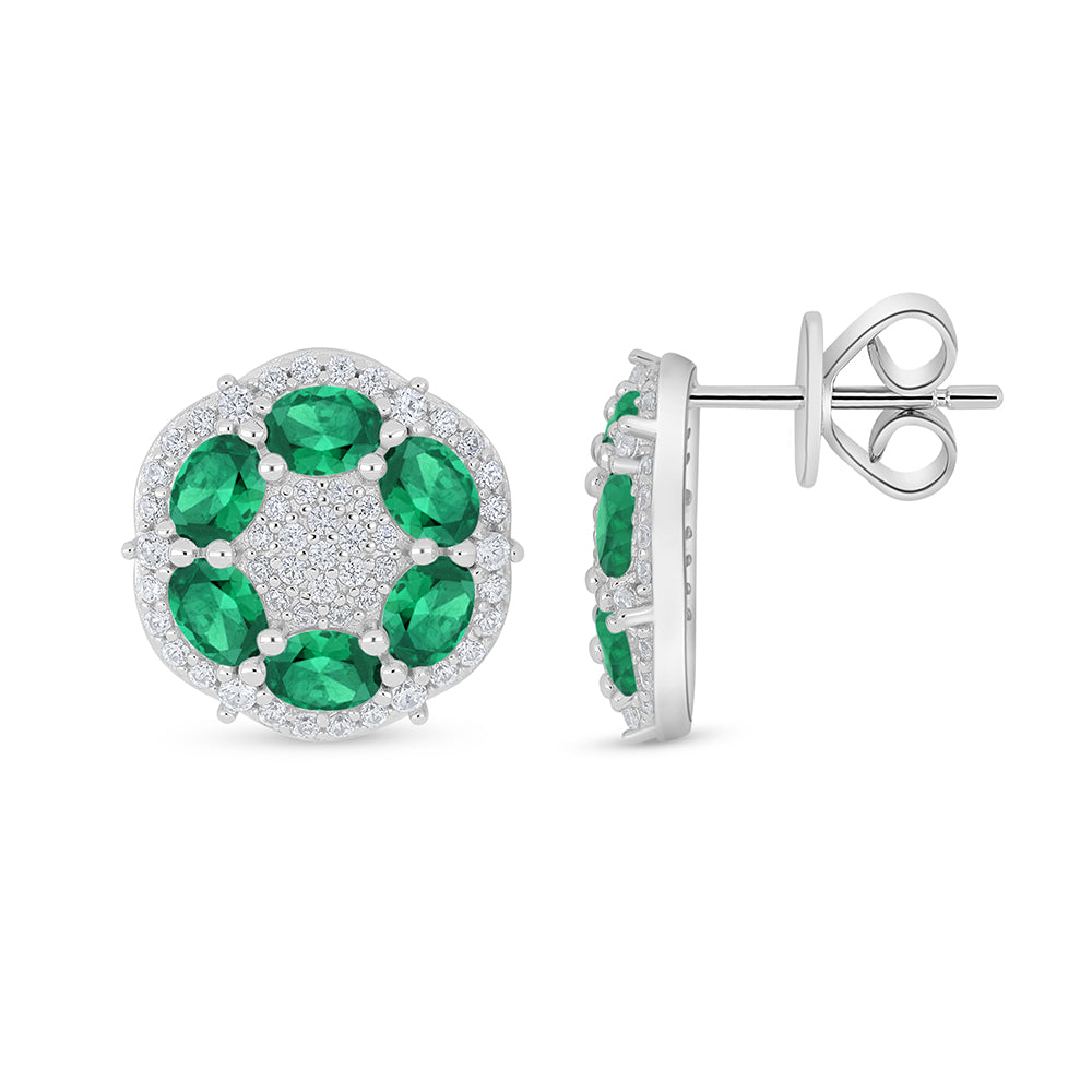 Sterling Silver 925 Earring Rhodium Plated Embedded With Emerald Zircon And White Zircon