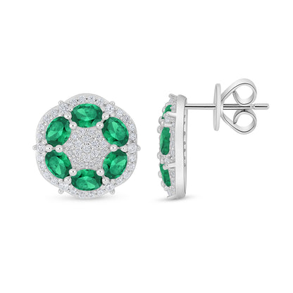 Sterling Silver 925 Earring Rhodium Plated Embedded With Emerald Zircon And White Zircon
