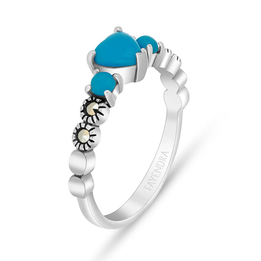 Sterling Silver 925 Ring Embedded With Natural Processed Turquoise And Marcasite Stones