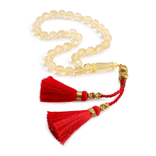 Rosary 33 Embedded With Natural Transparent Amber Round Faceted Beads 10 mm And Fabric Tassel