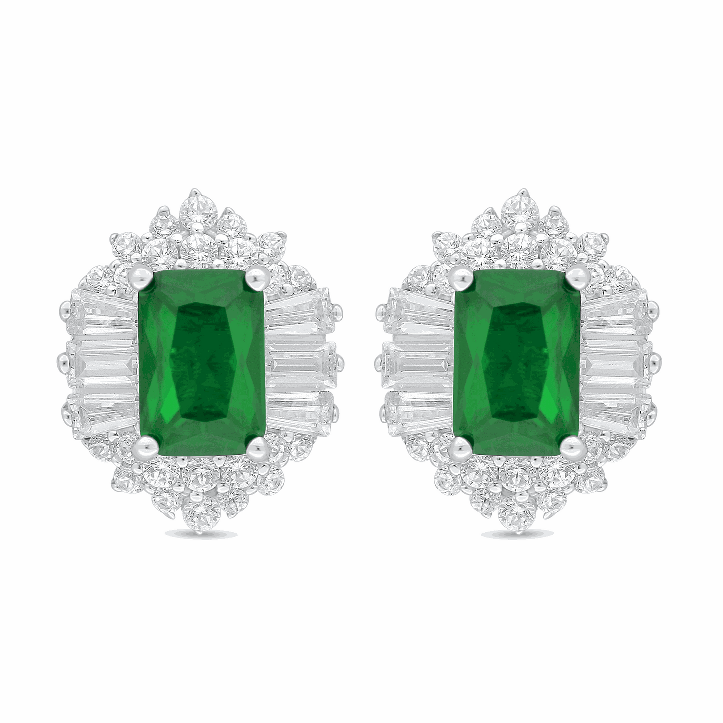 Sterling Silver 925 Earring Rhodium Plated Embedded With Emerald Zircon And White Zircon