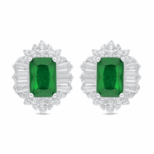 Sterling Silver 925 Earring Rhodium Plated Embedded With Emerald Zircon And White Zircon
