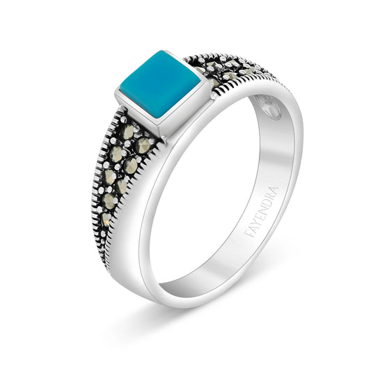 Sterling Silver 925 Ring Embedded With Natural Processed Turquoise And Marcasite Stones
