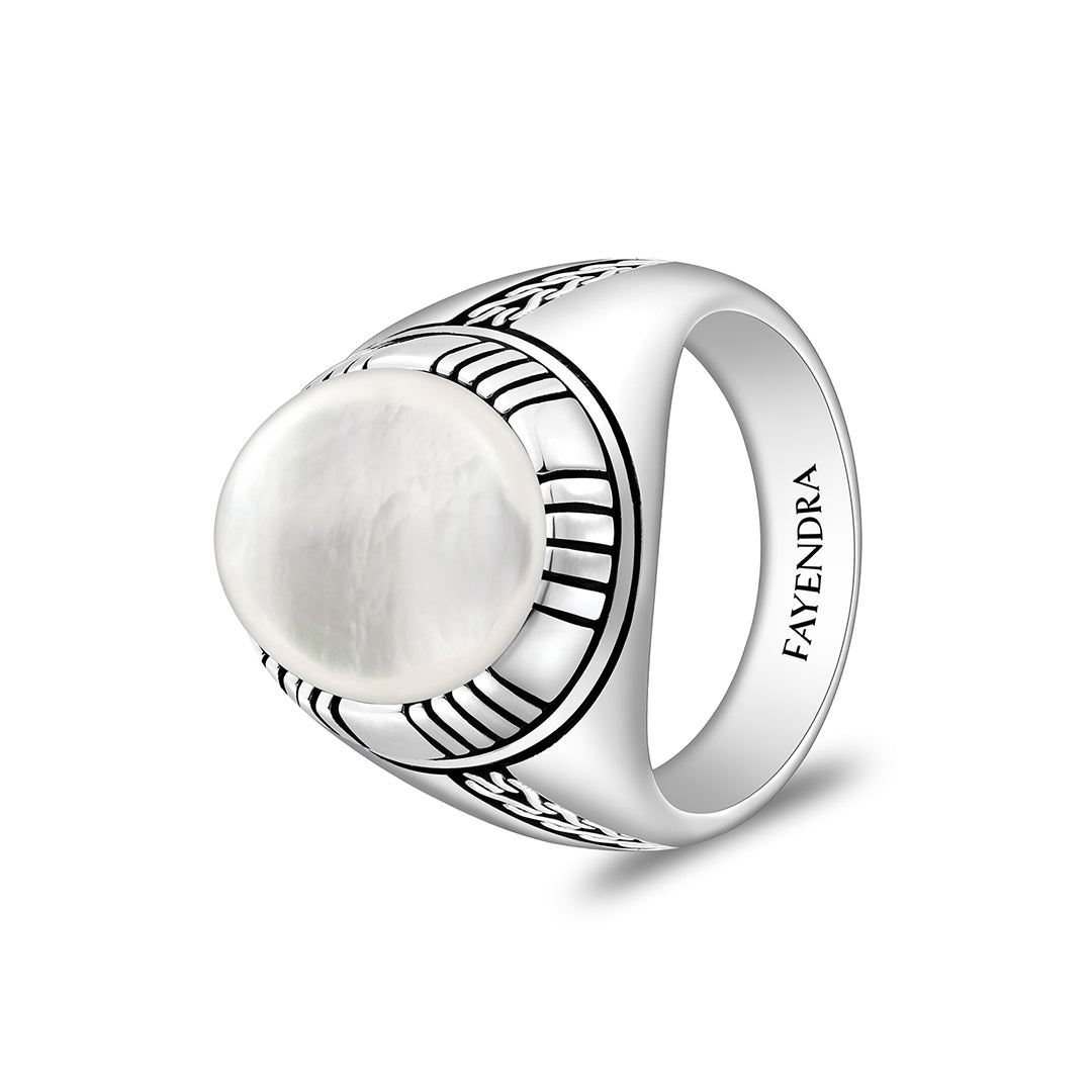 Sterling Silver 925 Ring Rhodium And Black Plated Embedded With Cabochon White Shell For Men
