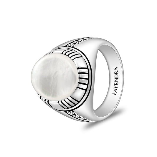 Sterling Silver 925 Ring Rhodium And Black Plated Embedded With Cabochon White Shell For Men
