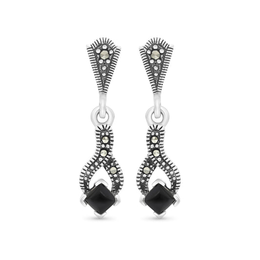 Sterling Silver 925 Earring Embedded With Natural Black Agate And Marcasite Stones