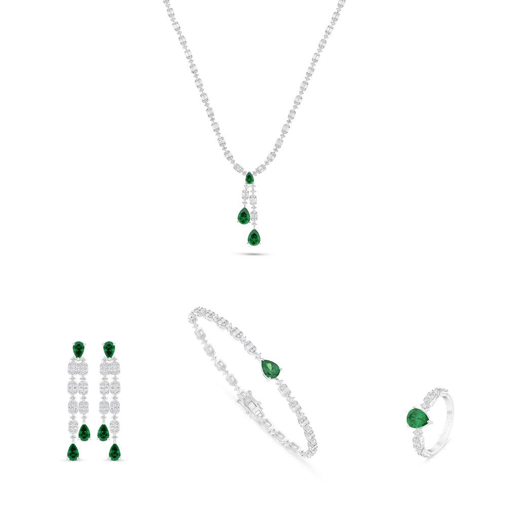 Sterling Silver 925 SET Rhodium Plated Embedded With Emerald Zircon And White Zircon