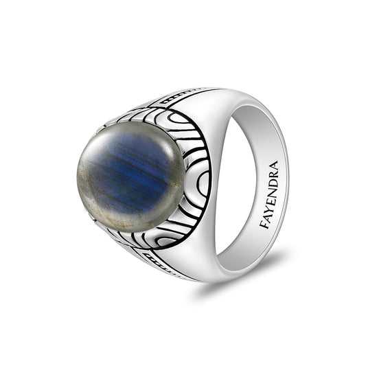 Sterling Silver 925 Ring Rhodium And Black Plated Embedded With Cabochon Labradorite For Men