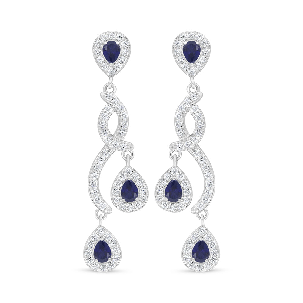 Sterling Silver 925 Earring Rhodium Plated Embedded With Sapphire Corundum And White Zircon