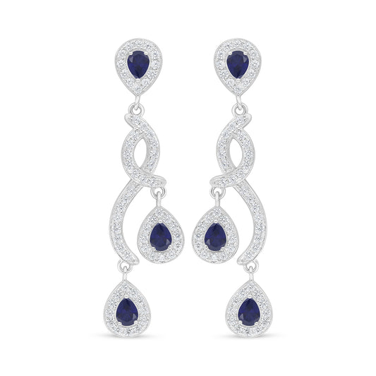 Sterling Silver 925 Earring Rhodium Plated Embedded With Sapphire Corundum And White Zircon