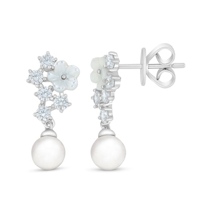 Sterling Silver 925 Earring Rhodium Plated Embedded With Natural White Pearl And White Shell