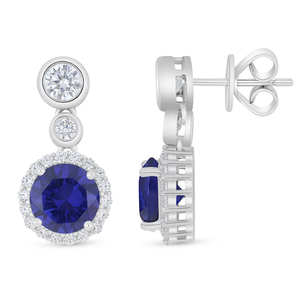 Sterling Silver 925 Earring Rhodium Plated Embedded With Sapphire Corundum And White Zircon