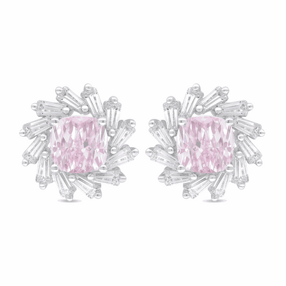 Sterling Silver 925 Earring Rhodium Plated Embedded With Pink Zircon And White Zircon