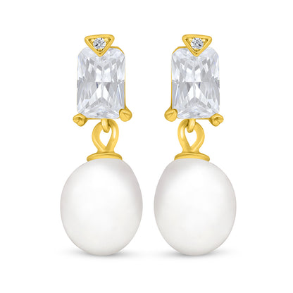 Sterling Silver 925 Earring Golden Plated Embedded With Natural White Pearl And White Zircon