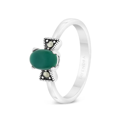Sterling Silver 925 Ring Embedded With Natural Green Agate And Marcasite Stones