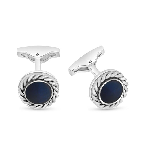 Stainless Steel Cufflink 316L Silver Color Embedded With Blue Tiger Eye Shiny Steel