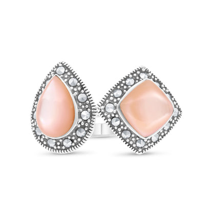 Sterling Silver 925 Ring Embedded With Natural Pink Shell And Marcasite Stones