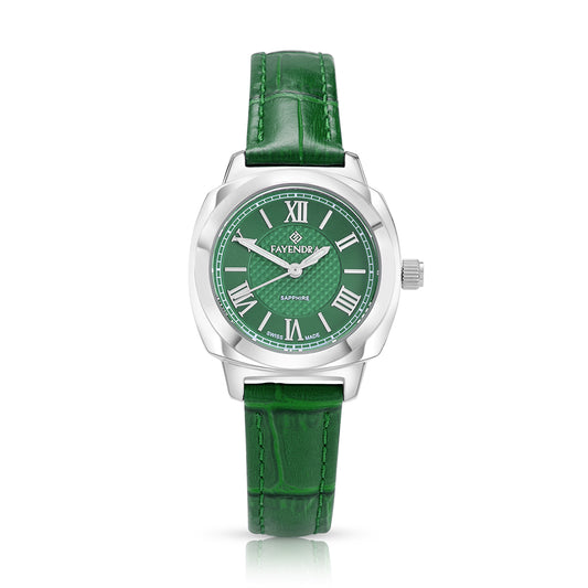 ساعة ستانلس ستيل عيار  L316 بلون فضي جلد اخضر - مينا معدنية باللون الاخضر