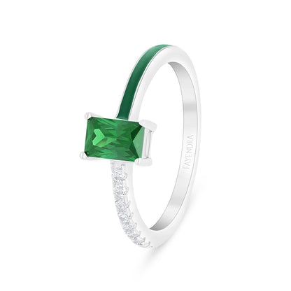 Sterling Silver 925 Ring Rhodium Plated Embedded With Emerald Zircon And Green Enamel And White Zircon