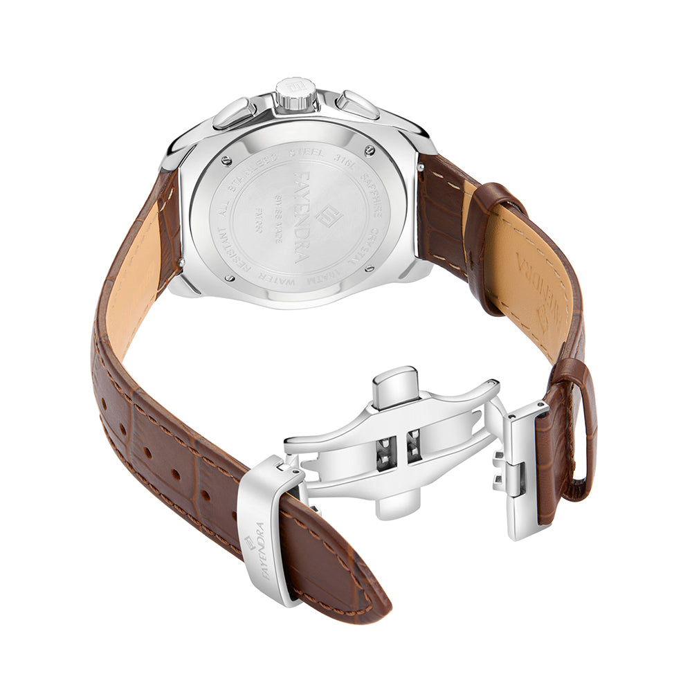 ساعة رجالي ستانلس ستيل عيار L316 بلون فضي جلد بني - مينا حجر صدف ام اللالئ البني