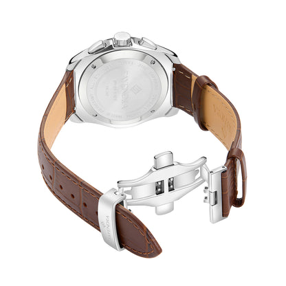 ساعة رجالي ستانلس ستيل عيار L316 بلون فضي جلد بني - مينا حجر صدف ام اللالئ البني
