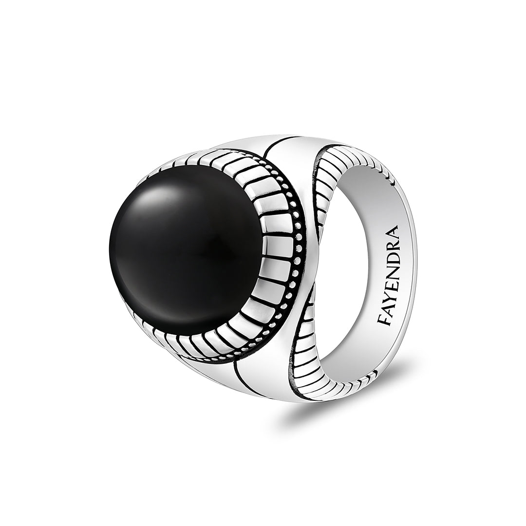 Sterling Silver 925 Ring Rhodium And Black Plated Embedded With Cabochon Natural Black Agate For Men