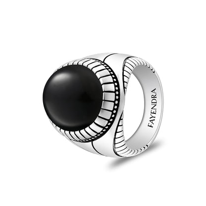 Sterling Silver 925 Ring Rhodium And Black Plated Embedded With Cabochon Natural Black Agate For Men