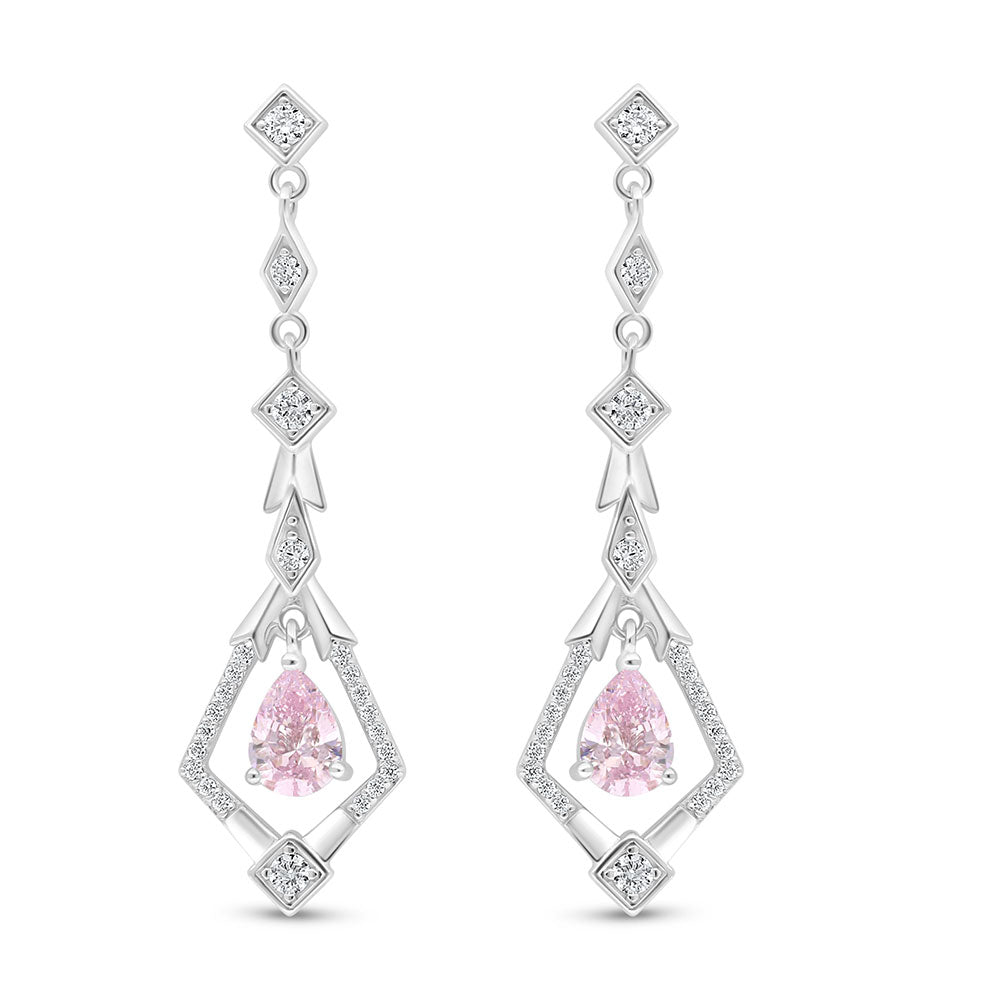 Sterling Silver 925 Earring Rhodium Plated Embedded With Pink Zircon And White Zircon
