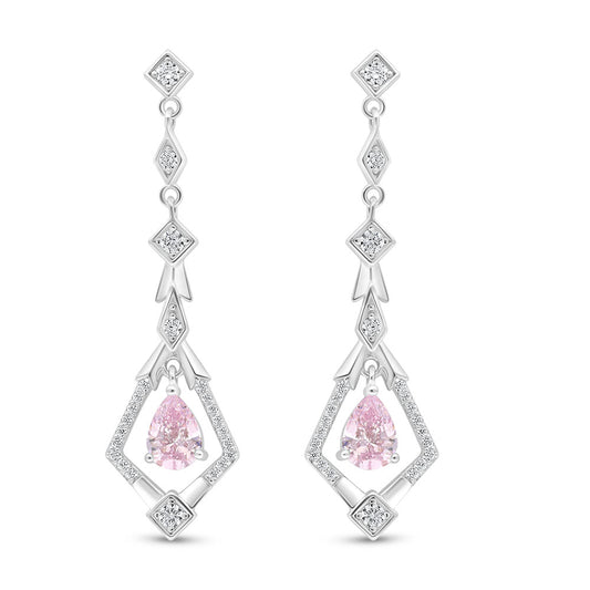 Sterling Silver 925 Earring Rhodium Plated Embedded With Pink Zircon And White Zircon