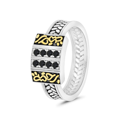 Sterling Silver 925 Ring Rhodium And Gold  Plated Embedded With Onyx Spinal